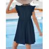 CUPSHE Beach Dress V Neck Cap Flutter Sleeve Lace Hollow Out Pleated Summer Mini Cover Up Dress(Navy Blue)