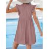 CUPSHE Beach Dress V Neck Cap Flutter Sleeve Lace Hollow Out Pleated Summer Mini Cover Up Dress(Pink)