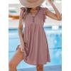 CUPSHE Beach Dress V Neck Cap Flutter Sleeve Lace Hollow Out Pleated Summer Mini Cover Up Dress(Pink)