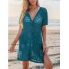 CUPSHE Crochet Swim Cover Up for Women Short Sleeve Button Front Summer Beach Cover Up Dress with Pockets(Blue)