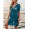 CUPSHE Crochet Swim Cover Up for Women Short Sleeve Button Front Summer Beach Cover Up Dress with Pockets(Blue)