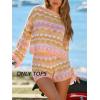 CUPSHE Crochet Swimsuit Coverup for Women Knit Striped Long Sleeve Beach Coverup Tops(Pink Striped)