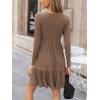 CUPSHE Fall Dress for Women 2025 Casual Round Neck Long Sleeve Knit Ruffled Fitted A Line Mini Spring Sweater Dress(Brown)