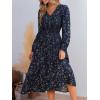 CUPSHE Fall Dresses for Women Floral Casual Long Sleeve V Neck Smocked A Line Flowy Maxi Dress(Navy Blue)