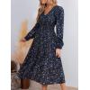 CUPSHE Fall Dresses for Women Floral Casual Long Sleeve V Neck Smocked A Line Flowy Maxi Dress(Navy Blue)