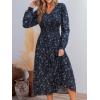 CUPSHE Fall Dresses for Women Floral Casual Long Sleeve V Neck Smocked A Line Flowy Maxi Dress(Navy Blue)
