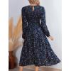 CUPSHE Fall Dresses for Women Floral Casual Long Sleeve V Neck Smocked A Line Flowy Maxi Dress(Navy Blue)