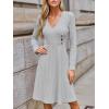 CUPSHE Fall Dresses for Women V Neck Long Sleeve Ribbed Knit Button A Line Mini Casual Dress(Grey)