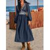 CUPSHE Fall Dresses for Women V Neck Long Sleeve Tunic Waist Slit Solid Color A Line Midi Casual Dress(Navy Paisley)