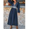 CUPSHE Fall Dresses for Women V Neck Long Sleeve Tunic Waist Slit Solid Color A Line Midi Casual Dress(Navy Paisley)