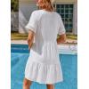CUPSHE Lace Swimsuit Coverup for Women Short Sleeve V Neck Ruffle Beach Cover Up Dress(White)
