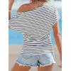 CUPSHE Off The Shoulder Tops for Women 2026 Going Out Short Sleeve Summer Stripe Tops Boat Neck Loose T Shirt(White)