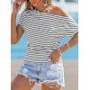 CUPSHE Off The Shoulder Tops for Women 2026 Going Out Short Sleeve Summer Stripe Tops Boat Neck Loose T Shirt(White)