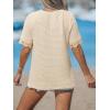 CUPSHE Summer Knit V Neck Short Sleeves Tops with Lace Trim Button Down Waffle Casual Blouse for Women(Beige)