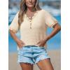 CUPSHE Summer Knit V Neck Short Sleeves Tops with Lace Trim Button Down Waffle Casual Blouse for Women(Beige)
