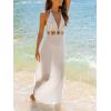 CUPSHE Swimsuit Coverup for Women Plunge V Neck Open Back Halter Maxi Cover Up Dress(Beige)