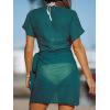 CUPSHE Women Bathing Suit Cover Up Sheer V Neck Short Sleeve Wrap Cover Ups for Swimwear(Cyan)