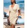 CUPSHE Women Bathing Suit Cover Up Sheer V Neck Short Sleeve Wrap Cover Ups for Swimwear(Tassel-apricot)