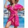 CUPSHE Women Bathing Suit Cover Up Sheer V Neck Short Sleeve Wrap Cover Ups for Swimwear(Tassel-hot Pink Patterned)