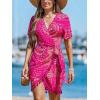CUPSHE Women Bathing Suit Cover Up Sheer V Neck Short Sleeve Wrap Cover Ups for Swimwear(Tassel-hot Pink Patterned)