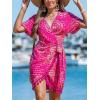 CUPSHE Women Bathing Suit Cover Up Sheer V Neck Short Sleeve Wrap Cover Ups for Swimwear(Tassel-hot Pink Patterned)