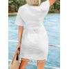 CUPSHE Women Bathing Suit Cover Up Sheer V Neck Short Sleeve Wrap Cover Ups for Swimwear(Tassel-white)
