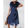 CUPSHE Women Buttoned Cover-Up Shirt Dress Summer Short Sleeve Split Midi Dresses(Dark Blue)