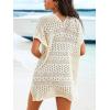 CUPSHE Women Crochet Beach Cover Ups Summer V Neck Casual Mini Coverup Dress Short Sleeve Split Hem Bathing Suit Cover Up(Off-white)
