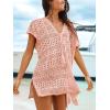 CUPSHE Women Crochet Beach Cover Ups Summer V Neck Casual Mini Coverup Dress Short Sleeve Split Hem Bathing Suit Cover Up(Pink)