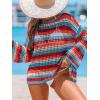CUPSHE Women Crochet Cover Up Striped Swimwear Cutout Beach Coverup Top(Red-green Striped)