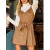 CUPSHE Women Fall Overall Dresses Faux Suede V Neck Button Down Belted Tie Pinafore Mini Dress(Brown)