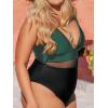 CUPSHE Women Plus Size One Piece Swimsuit V Neck Mesh Sheer Tummy Control Bathing Suit with Adjustable Wide Straps(Black/Green)