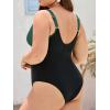CUPSHE Women Plus Size One Piece Swimsuit V Neck Mesh Sheer Tummy Control Bathing Suit with Adjustable Wide Straps(Black/Green)
