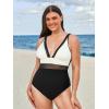 CUPSHE Women Plus Size One Piece Swimsuit V Neck Mesh Sheer Tummy Control Bathing Suit with Adjustable Wide Straps(White/Black)