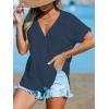 CUPSHE Women Summe Tops V Neck Blouses Short Sleeves Lace Shirt Button Front Tee Work Vacation Outfits(Blue)