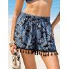 CUPSHE Women Swim Cover Up Shorts High Waist Boho Tassel Casual Beach Shorts with Side Pockets(Navy Floral)