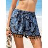 CUPSHE Women Swim Cover Up Shorts High Waist Boho Tassel Casual Beach Shorts with Side Pockets(Navy Floral)