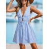 CUPSHE Women Swimsuit Cover Up V Neck Striped Summer Mini Beach Dress Sleeveless Tie Front Cover Ups for Swimwear(Blue Striped)