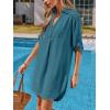 CUPSHE Women Swimsuit Cover Ups Chiffon V Neck Short Sleeve Beach Shirt Dress Cover Up(Blue)