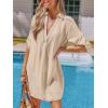 CUPSHE Women Swimsuit Cover Ups Chiffon V Neck Short Sleeve Beach Shirt Dress Cover Up(Neutral)