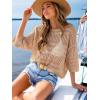 CUPSHE Women Swimsuit Cover Ups Crochet Hollow Out Half Sleeve Beach Coverup Tops(Light Brown)