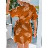 CUPSHE Women Swimsuit Cover Ups Short Sleeve Wrap Tie Front V Neck Vacation Beach Coverup Mini Dress(Brown Leaf)