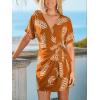 CUPSHE Women Swimsuit Cover Ups Short Sleeve Wrap Tie Front V Neck Vacation Beach Coverup Mini Dress(Brown Leaf)