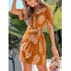 CUPSHE Women Swimsuit Cover Ups Short Sleeve Wrap Tie Front V Neck Vacation Beach Coverup Mini Dress(Brown Leaf)