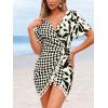 CUPSHE Women Swimsuit Cover Ups Short Sleeve Wrap Tie Front V Neck Vacation Beach Coverup Mini Dress(Tassel-black Leaf)