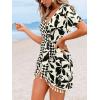 CUPSHE Women Swimsuit Cover Ups Short Sleeve Wrap Tie Front V Neck Vacation Beach Coverup Mini Dress(Tassel-black Leaf)