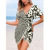 CUPSHE Women Swimsuit Cover Ups Short Sleeve Wrap Tie Front V Neck Vacation Beach Coverup Mini Dress(Tassel-black Leaf)
