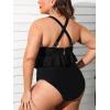 CUPSHE Women Swimsuit Plus Size Bikini Set Two Piece Bathing Suit V Neck High Waisted Flowy Ruffle Hem Floral(Solid Black)