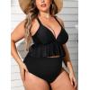CUPSHE Women Swimsuit Plus Size Bikini Set Two Piece Bathing Suit V Neck High Waisted Flowy Ruffle Hem Floral(Solid Black)