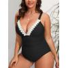 CUPSHE Women Swimsuit Plus Size One Piece Lace V Neck Ruched Front Tummy Control with Adjustable Wide Straps(Black)